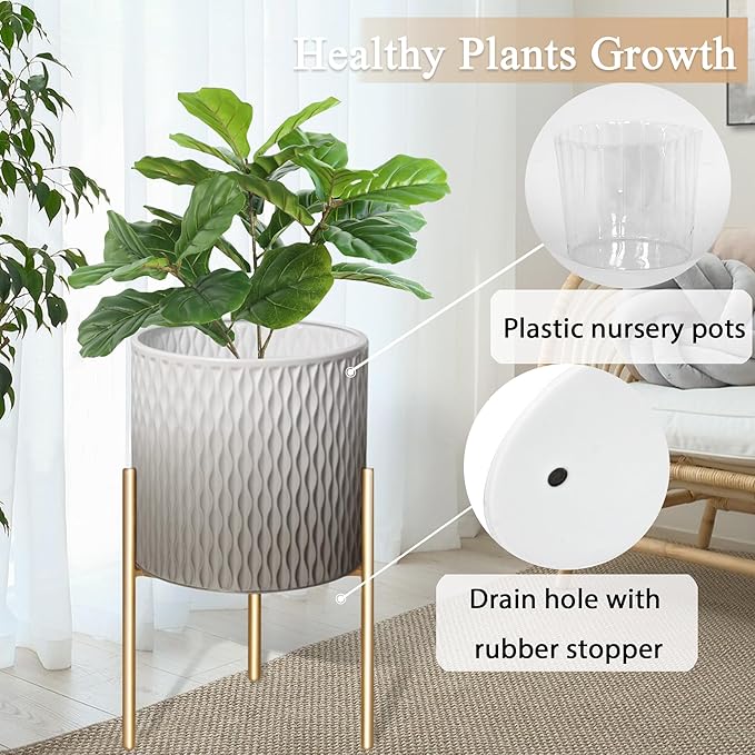 ARNIS Plants Pots with Stand,Set of 2 Flower Pots, Unique Mid Century Decorative Metal Flower Pots with Drainage,10.5&12.25 Inch, Grey and White