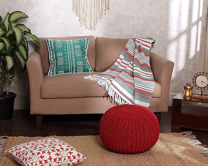 REDEARTH Round Pouf Ottoman - Hand Knitted Cable Boho Poof - Foot Stool Bean Bag - Home Décor Stuffed Footrest for Living Room - Nursery - Bedroom - 100% Cotton Poufs (19.5"x19.5"x14") - Red