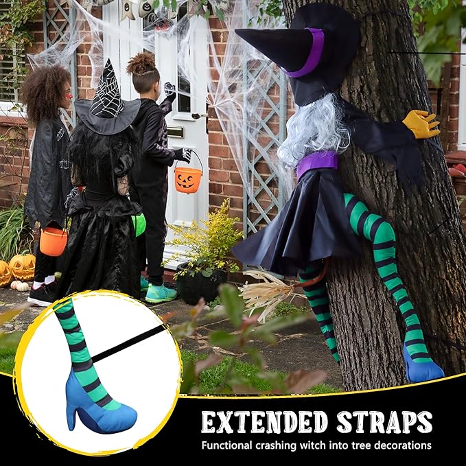 POPGIFTU 63" Crashing Witch Halloween Decoration – Flying Witch on Broom Into Tree Outdoor Yard Prop for Porch, Lawn, Garden, Pillars, Door, or Haunted House Decor