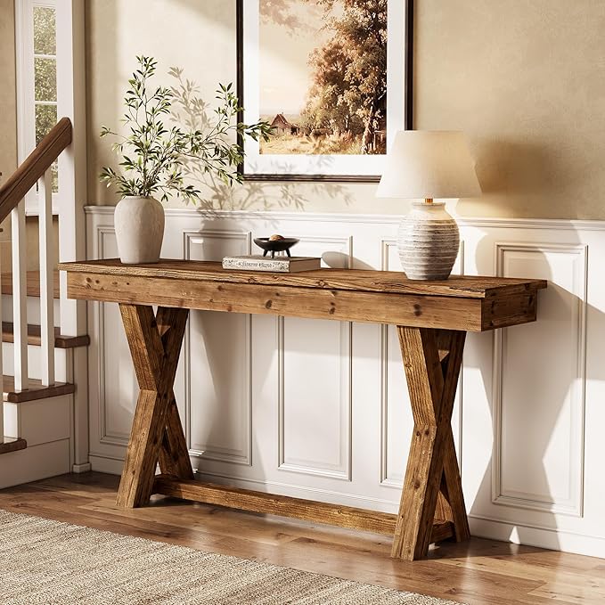 Solid Wood Console Table, 63-Inch Farmhouse Entryway Table with X-Shaped Legs, Real Wood Behind The Couch Table for Living Room, Entrance, Hallway, Easy Assembly