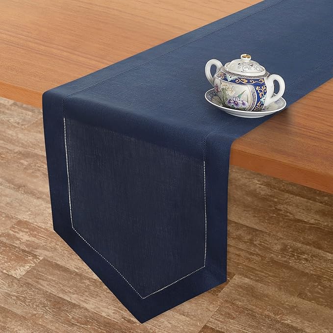 D'Moksha Homes Navy Blue Linen Table Runner 108 Inches Long - 100% Pure Linen Diamond Table Runner 14 x 108 Inch for Dining, Fall and Halloween - Machine Washable