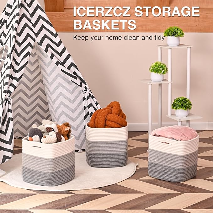 11 Inch Cube Storage Bins, Storage Cube Organizer Bins, Woven Cotton Rope Basket for Storage, Storage Baskets for Organizing Shelves, Grey Baskets for Toys, Gradient Grey (Pack of 3)