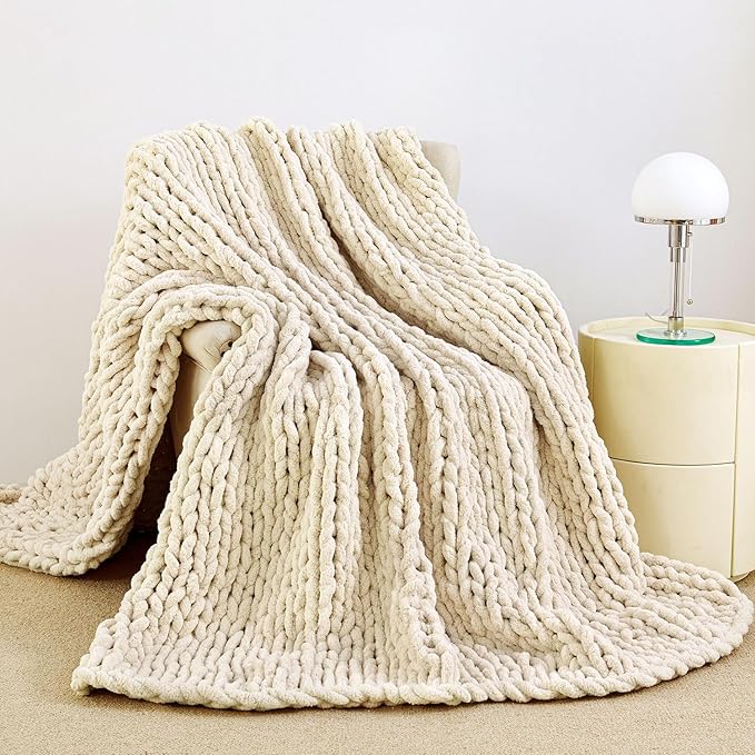 Admitrack Chunky Knit Blanket Throw, 100% Hand Knit Chenille Throw Blanket for Sofa & Home Decor, Soft and Cozy Knitted Throw Blankets (Ivory, 60""x80""), XNR09