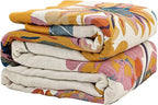 Boho Throw Blanket for Bed 80”x90”, 100% Cotton Woven Blanket for Couch Sofa, Ultra Soft 4-Layer Muslin Quilt with Vintage Floral Printed, Farmhouse Bed Blanket/Cover for Living Room Decor