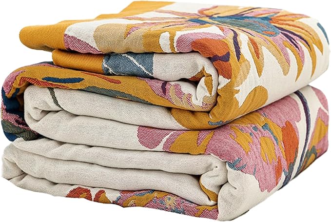 Boho Throw Blanket for Bed 90”x98”, 100% Cotton Woven Blanket for Couch Sofa, Ultra Soft 4-Layer Muslin Quilt with Vintage Floral Printed, Farmhouse Bed Blanket/Cover for Living Room Decor