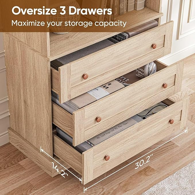 Vyre 71" Tall Farmhouse Bookshelves with Drawers, Set of 2 – Large Modular Bookcase with Adjustable Shelves, Storage Cabinet for Living Room, Kitchen, Home Office, Brown