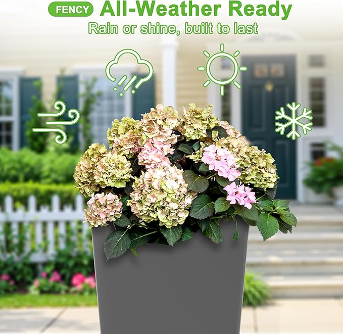 FENCY Set of 2 Tall Planters for Outdoor Plants, 24 Inch Large Tapered Pots with Drainage Trays, Weather-Resistant Plastic Plant Containers for Patio, Porch, Garden, Front Door Decor,Gray