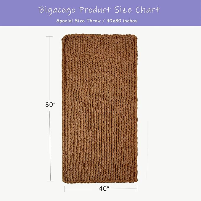 Bigacogo Chunky Knit Throw Blanket for Couch, 40x80 inches, 100% Hand Knitted with Thick Jumbo Chenille Yarn, Cozy Soft Large Rope Knot Cable Crochet Blankets for Sofa Bed Living Room, Caramel