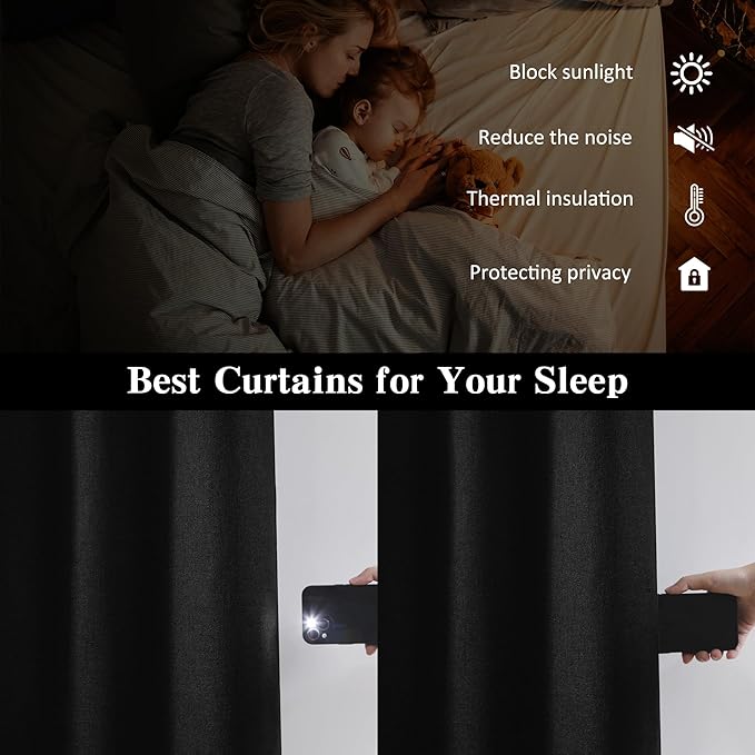 RAIN CITY Blackout Curtains 50 x 84 Inch Long Linen Blend Black Out Curtains 2 Panels Set Burg, Back Tab Rod Pocket Room Darkening Textured Curtain Window Drapes for Bedroom Living Room-Black