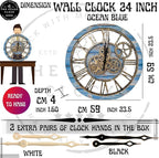 The Gears Clock The Original Real Moving Gear Wall Clock Vintage Industrial Oversized Rustic Farmhouse (24 inch (60cm), Vintage Ocean Blue and Bronze)