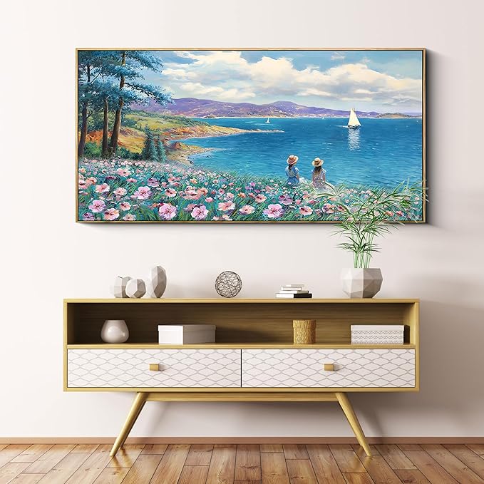 XLSJERST Large Landscape Wall Art - Blue Ocean Pink Flower Sailboat Mountain Tree Decor Orange Frame Artwork for Wall Large Picture for Living Room Bedroom Home Office Wall Decoration Size 29x58