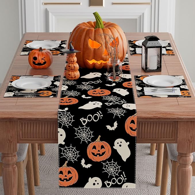 XCHI Boo Spooky Ghost Pumpkin Halloween Table Runner Burlap Table Decoration for Home Kitchen Dining Dinner Indoor Holiday Farmhouse Decor 13x60 Inch