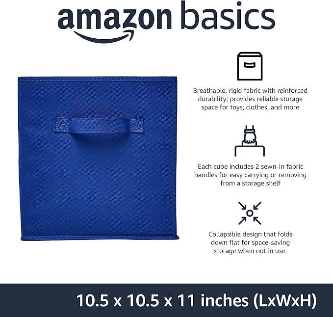 Amazon Basics Cube Organizer Storage Bins Handles, Collapsible Fabric, Pack of 6, 10.5"x10.5"x11", Navy