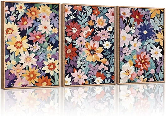 HLNIUC Boho Floral Framed Canvas Wall Art,Colorful Wildflower Landscape Wall Decor Set of 3(16”x24”)Rustic Bohemian Style Flower Art Print,Modern Botanical Floral Wall Painting for Living Room Bedroom