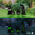 Halloween Yard Signs Outdoor Decorations，3 Pack Scary Large Witch Tombstone Cauldron Fluorescent Metal Stakes Glow in The Dark for Lawn Garden Halloween Decor (Large Witch Tombstone Cauldron)