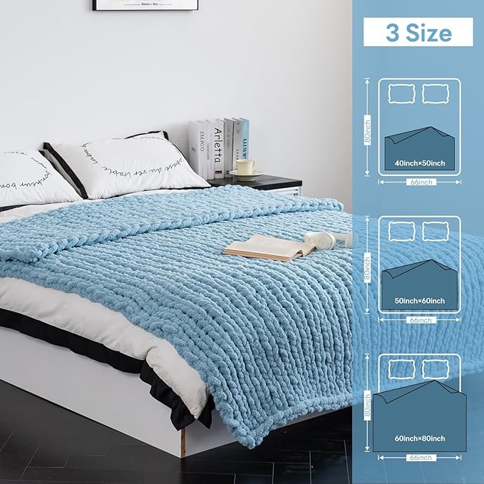 Chunky Knit Blanket - Luxury Soft Cozy 60 * 80 Throw Blanket,100% Woven Blanket Rope Knot Throw Blanket for Couch, Sofa, Home Decor, Gift - Machine Washable（Light Blue）