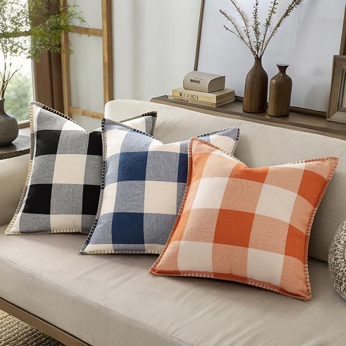 decorUhome Buffalo Plaid Check Throw Pillow Covers 20x20 Set of 2, Outdoor Decorative Farmhouse Neutral Pillow Covers with Stitched Edge for Bed Couch Sofa, Navy Blue and White