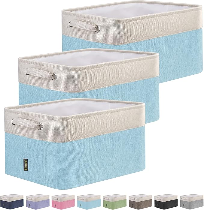 BALEINE 3 Pack Fabric Storage Bins for Shelves, Linen Storage Baskets for Organizing, Decorative Closet Bins for Clothes, Home (Skyblue, 12"x8"x8")