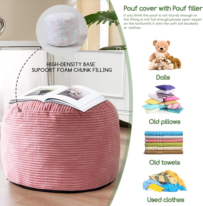 HIGOGOGO Round Stuffed Pouf Ottoman, Corduroy Poufs with Foam Chunk Filling, Furry and Fluffy Pouf Foot Stool Storage Ottoman, 20 X 15 Floor Poufs Foot Rest for Living Room, Pink