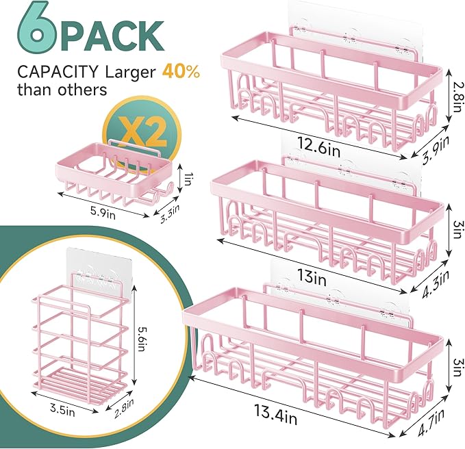 Veken Rustproof & Waterproof Shower Caddy 6-Pack, No Drilling Adhesive Shelves Rack with Soap Holder, Large Capacity Bathroom Organizers and Storage, Wall-Mounted Kitchen & Home Decor