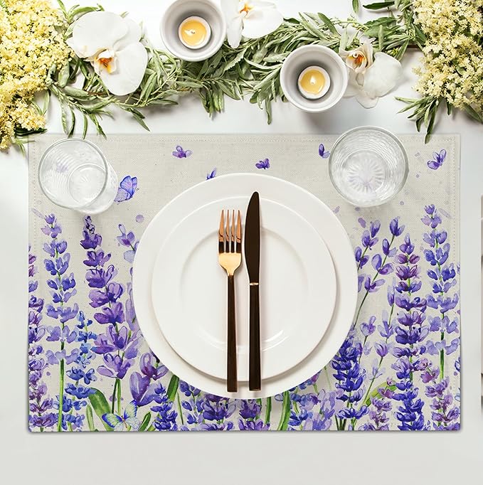 Lavender Placemats Set of 4 Purple Flower Butterfly Linen Fabric Table Mats Seasonal Spring Summer Rustic Floral Placemat Farmhouse Decorative Washable Place Mats for Home Kitchen Dining Table