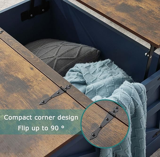 Blue Coffee Table with Storage, Cocktail Table with Hinged Lift Top, Farmhouse Square Wood Center Table with Large Hidden Storage Compartment for Living Room, Square Coffee Table, Metal Edges Decor