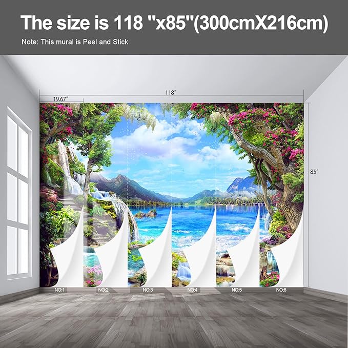 Landscape Lake Waterfall Wall murals Peel and Stick Wallpaper for Bedroom Living Room - 85"x118"
