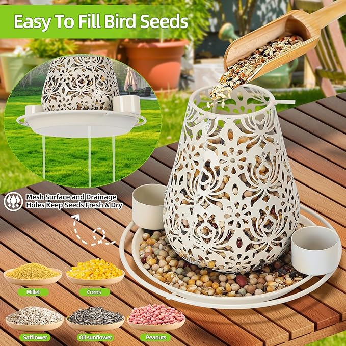 Mushroom Solar Bird Feeders for Outdoors Hanging Metal Wild Bird Feeder Garden Lantern with S Hook for Garden Decoration Blue