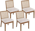 VESCASA Upholstered Dining Chairs with Square Rattan Back, Armless Padded Linen Cushion Dining Chairs with Wood Legs for Dining Room, Kitchen, Set of 4, Natural Frame