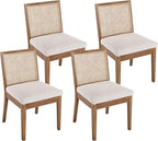 VESCASA Upholstered Dining Chairs with Square Rattan Back, Armless Padded Linen Cushion Dining Chairs with Wood Legs for Dining Room, Kitchen, Set of 4, Natural Frame