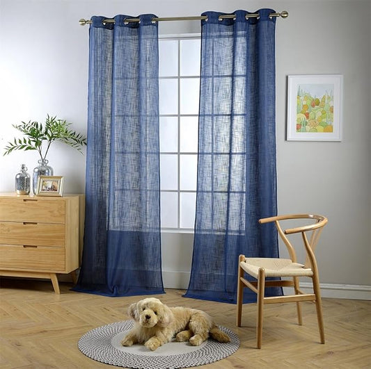 MIUCO Semi Sheer Curtains Poly Linen Textured Solid Grommet Curtains 63 Inches Long for Bedroom 2 Panels (2 x 37 Wide x 63" Long) Navy Blue
