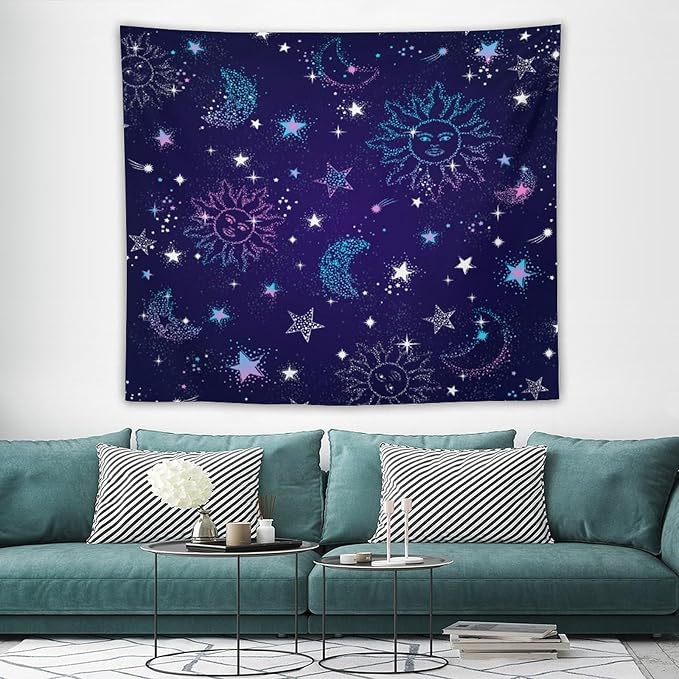 HZOHNAGO Boho Sun Moon Tapestry Purple Blue Sun Stars Galaxy Pattern Printed Wall Tapestry Wall Hanging for Bedroom Living Room Dorm 60" W x 50" H