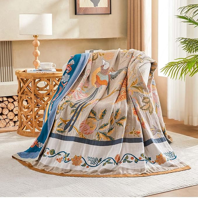 Boho Blanket, 100% Cotton Farmhouse Decorative Throw Blanket, 50"x60" Reversible Bohemian Throw Blanket, Brown All Season Muslin Breathable Woven Blankets Quilt