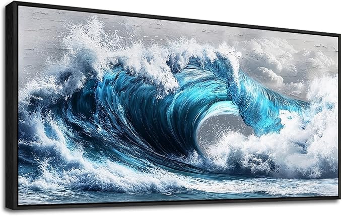 PHAOHUAXM Large Canvas Wall Art For Living Room Wall Decor For Bedroom Ocean Inspiration Wall Pictures Office Mural Decorations Posters Blue Wave Paintings Modern Home Decor Black Framed 24x48 In