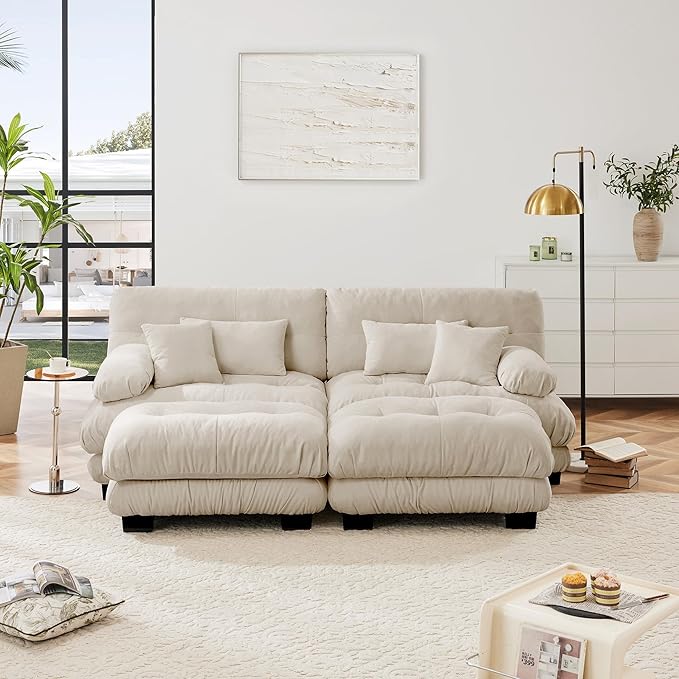 Loveseat Modular Sectional Sofa, U Shaped Couch with Ottoman, Cloud Couch Sectional Couch Home Sofa Living Room Oversized Couch Deep Seat Couch with Round Bolster Armrests 4 Pillows