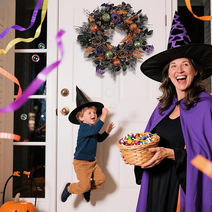 22 Inch Halloween Wreath for Front Door, Spooky Black & Purple Glitter Rose Wreath with Bats & Ornaments, Outdoor Halloween Decorations