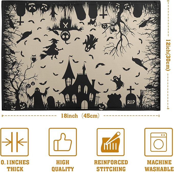 Halloween Placemats 12x18 Inch Set of 4 Black White Witch Castle Ghost Place Mats Spooky Haunted House Bats Tree Crow Table Mat for Party Kitchen Dining Outdoor Indoor Decor