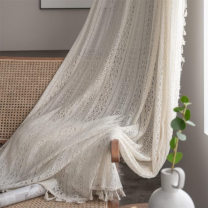 Sutuo Home Boho Curtain Crochet Lace Semi-Sheer Florals Hollow Knitted Handmade Tassels, Rod Pocket Window Treatment Vintage Rustic Farmhouse Drapes for Living Bedroom, 1 Panel 59" W x 108" L, Beige