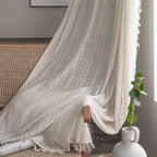 Sutuo Home Boho Curtain Crochet Lace Semi-Sheer Florals Hollow Knitted Handmade Tassels, Rod Pocket Window Treatment Vintage Rustic Farmhouse Drapes for Living Bedroom, 1 Panel 59" W x 96" L, Beige