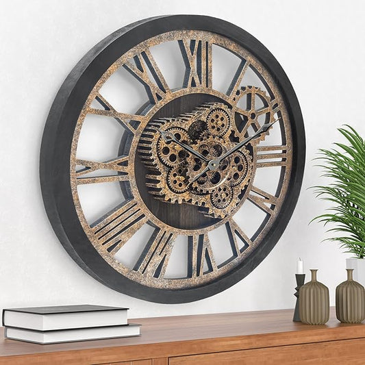 HOIBAI Large Wall Clock, Wall Clocks for Living Room Decor 20 Inch Farmhouse Vintage Rustic Kitchen Wall Decor Vintage Roman Oversized Wall Clock for Home Bedroom House Office, Moving Gears Clock