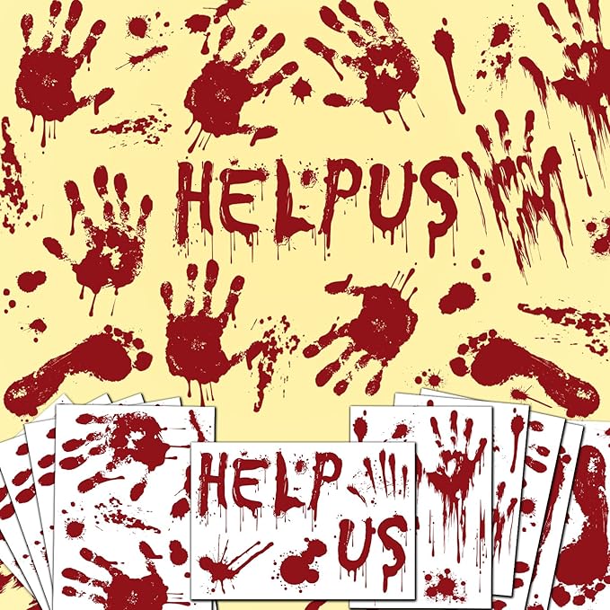 Halloween Window Clings Decorations, Bloody Handprint and Footprint Stickers, Scary Halloween Party Decor for Windows and Cars, Indoor/Outdoor Use - 12 Sheets