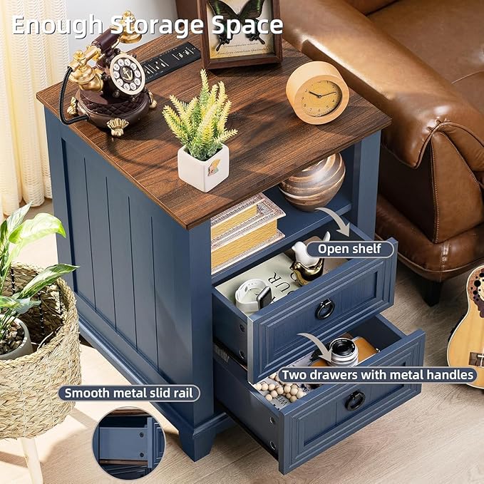 18" Farmhouse Night Stands Set of 2 with Charging Station, 2 & 3 Drawers End Table Dresser for Bedroom, Blue Wooden Nightstand, Bed Side Table with Open Shelf, Bedside Cabinet for Living Room