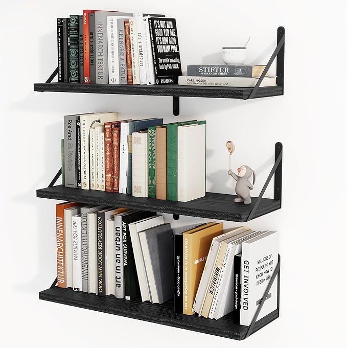 Heimlove 24 Inches Black Floating Shelves,8 Inches Deep Wall Bookshelf Mounted Display&Storage Wood Wall Shelves for Kitchen Bathroom Laundry Living Room,Set of 3