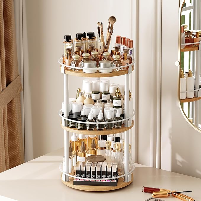 3-Tier Lazy Susan Organizer, Rotating Spice Rack, Spinning Organizer, Industrial Turntable Spice Rack Organizer for Cabinet, Kitchen Countertop, Pantry, White and Natural SR23WN