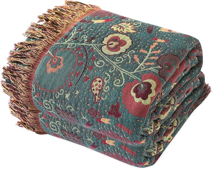 MSGKV Cotton Bed Blanket for Couch and Sofa Blankets for Living Room Bedroom Reversable Florals Throw 90"x98" Breathable Cozy Boho Blankets