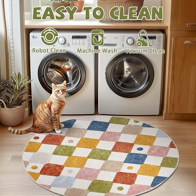 jinchan Round Rug 5ft Kids Washable Rug Indoor Floor Cover Non-Slip Soft Elementary School Classroom Modern Colorful Diamond Carpet for Nursery Daycare Bedroom Playroom Living Room Circus on Cream