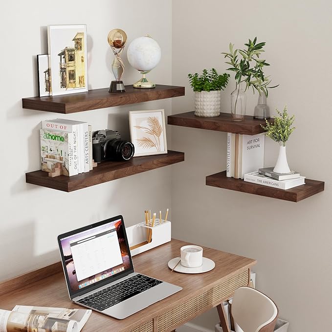 Rustic Wood Floating Shelves 32 Inch Long, 9 Inch Deep Wall Shelves for Home Decor, 32 x 9 Floating Shelf Wall Mounted Set of 2, Deep Floating Shelves for Kitchen, Bedroom, Living Room, Walnut Color