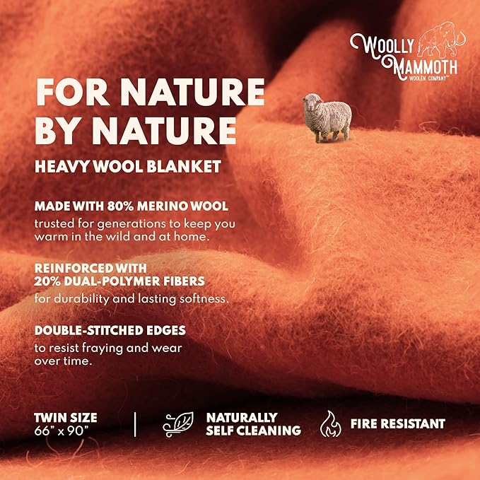 Woolly Mammoth Woolen Company Merino Wool Blanket - 66" x 90", 4 lb Orange - Heavyweight Insulated & Breathable Outdoor Throw Blanket for Camping, Hiking & Emergency Use