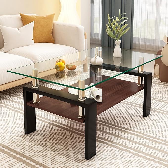 Tempered Glass Coffee Table Rectangle Living Room Center Table, with 39" Clear Top and Brown MDF Layer Black Metal Leg, for Small Space Apartment, Transparent+Brown
