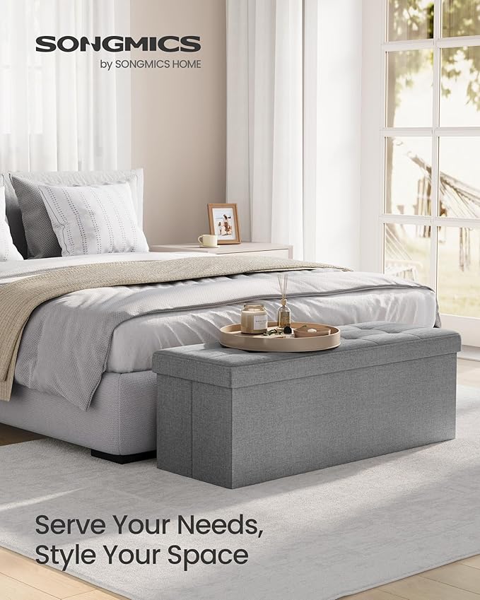 SONGMICS MAZIE Collection - 43 Inches Folding Storage Ottoman Bench, Ottoman Foot Rest, End of Bed Bench, Storage Chest, Load 660 lb, for Living Room, Bedroom, Entryway, Light Gray ULSF77G